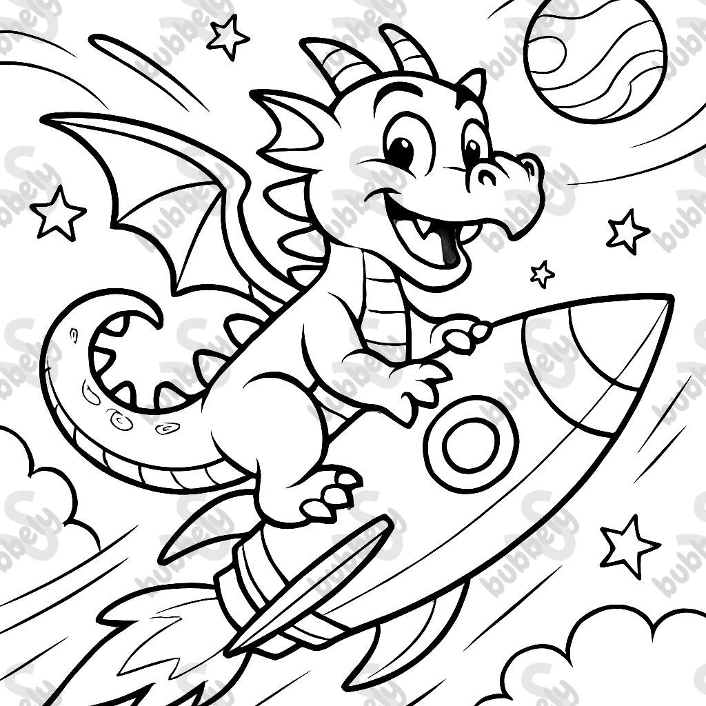 A little dragon flying a rocket