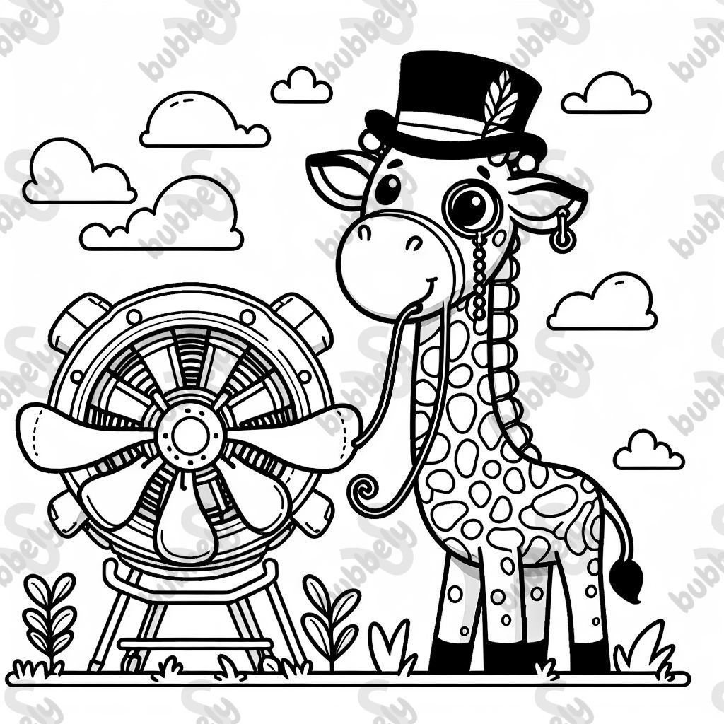 Clever giraffe with zylinder and monocle in front of an aircraft engine