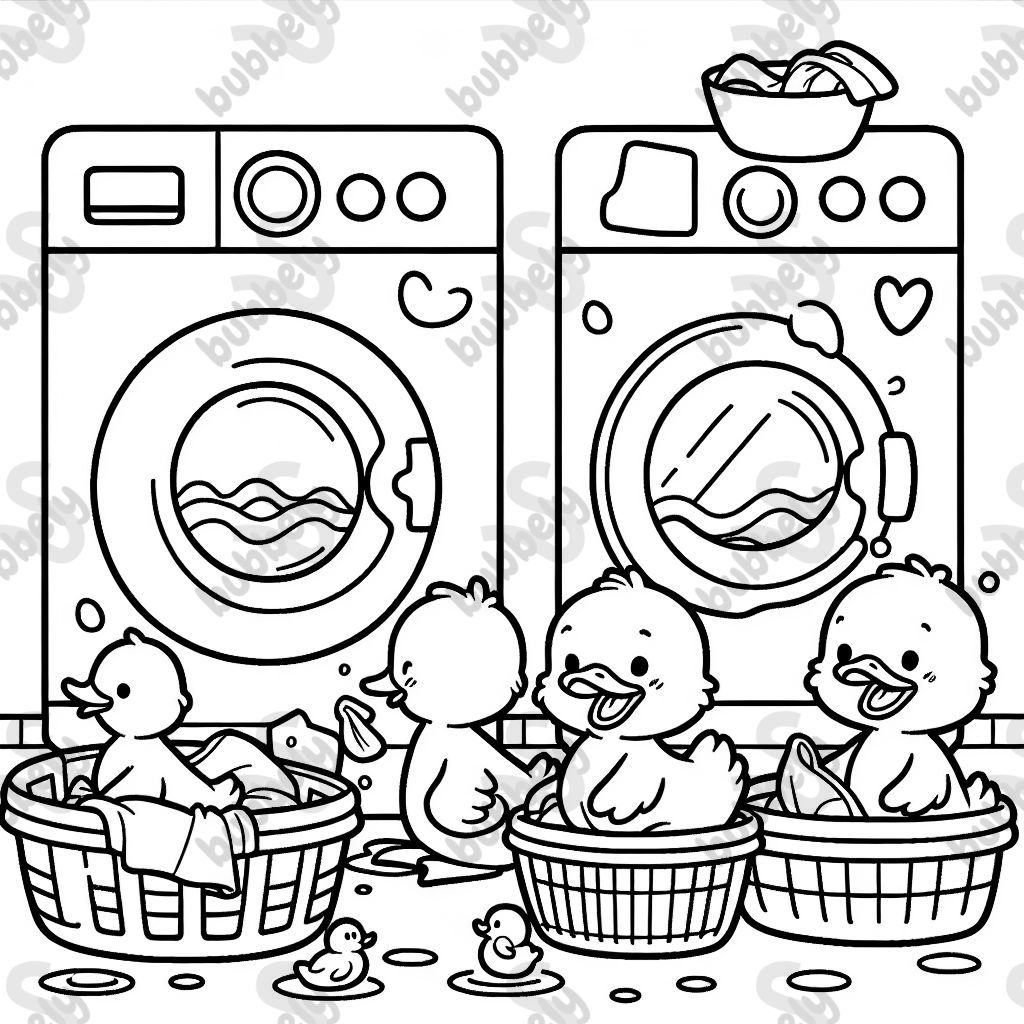 Ducklings doing laundry with washing machines