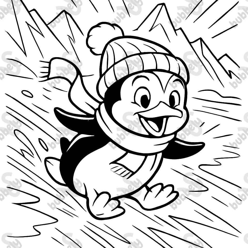 a penguin sliding on its belly with a scarf and a hat as it slides on the ice