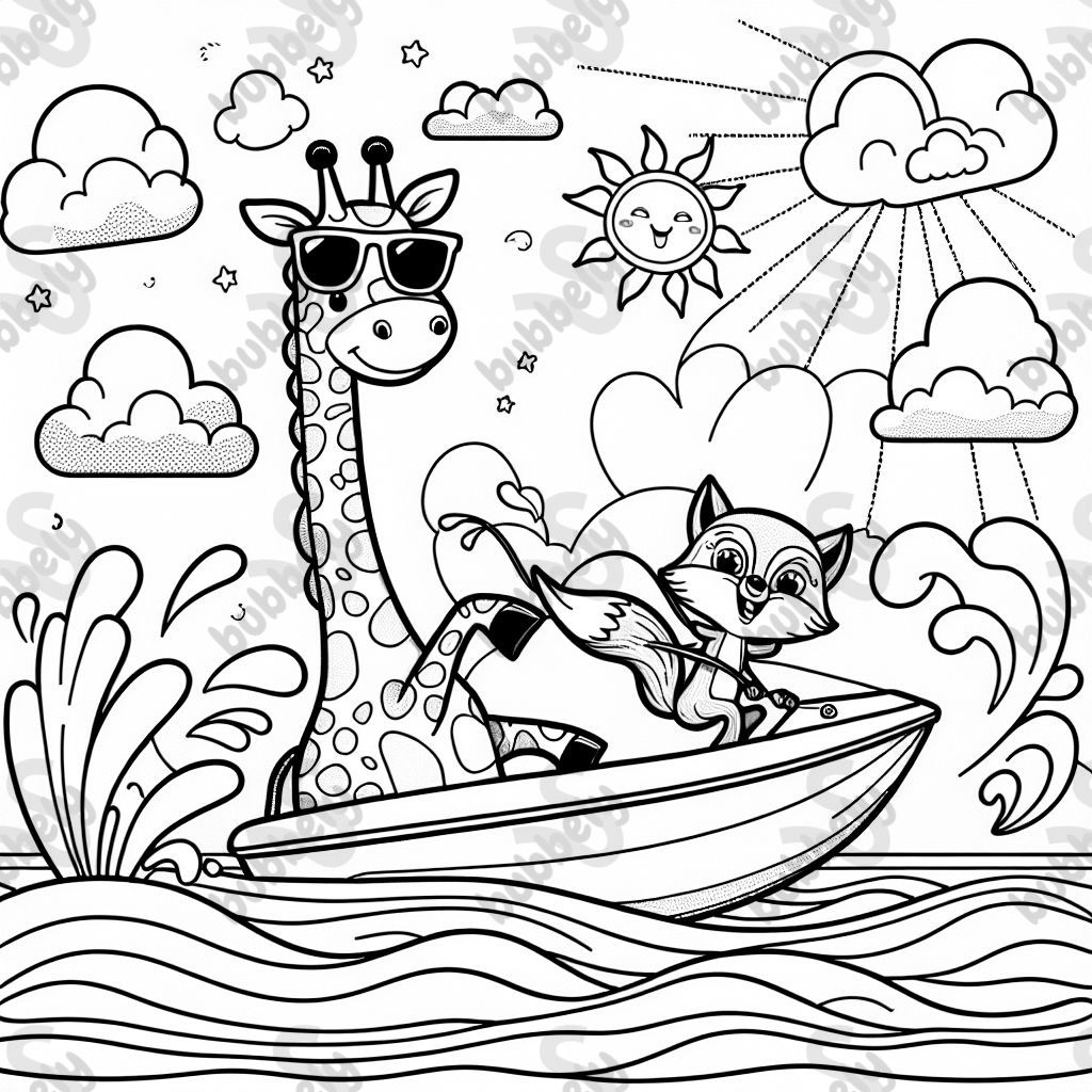 A giraffe water skiing with a fox driving the boat. A giraffe water skiing with a fox driving the boat.