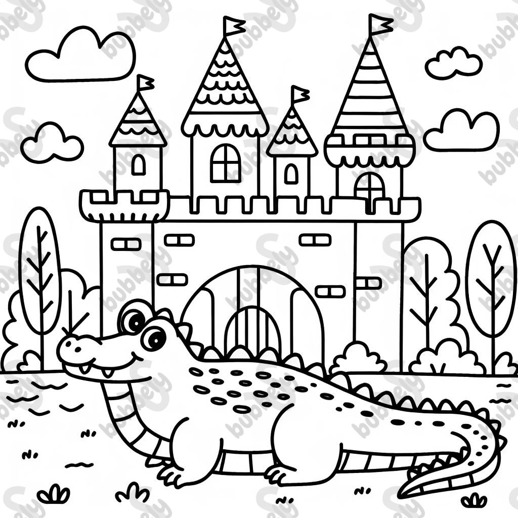 A crocodile in front of a castle