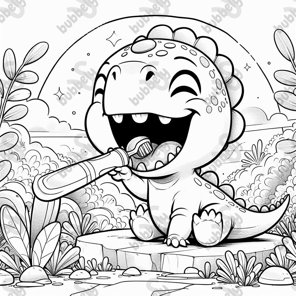 einen Baby-Dino, der sich glücklich die Zähne putzt