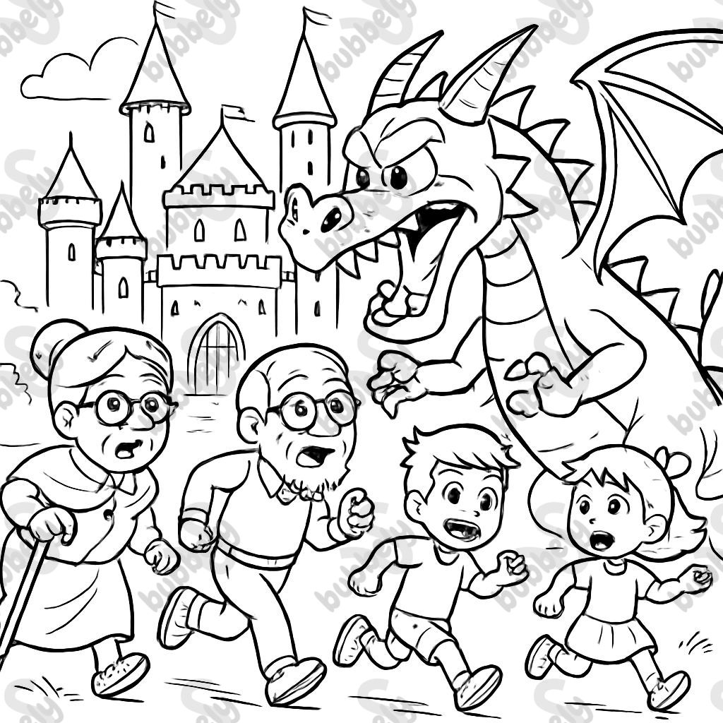 big castle, scary dragon, grandma, grandpa, boy, little girl big castle, scary dragon, grandma, grandpa, boy, little girl