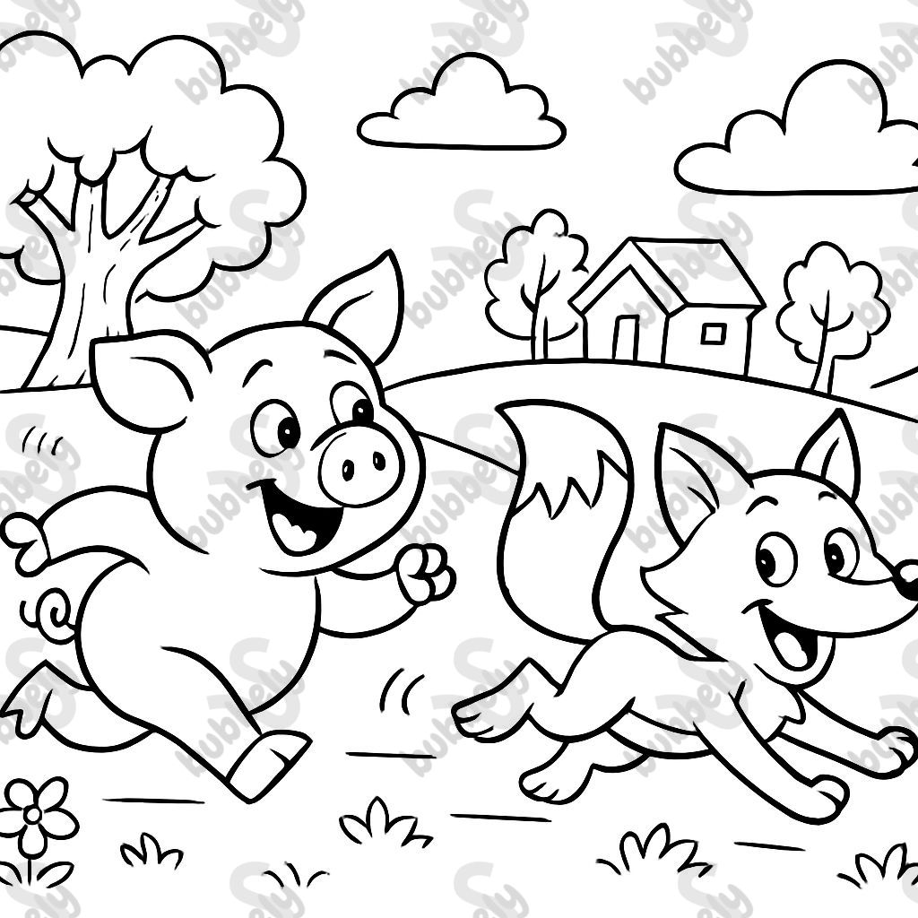 pig running after a fox
