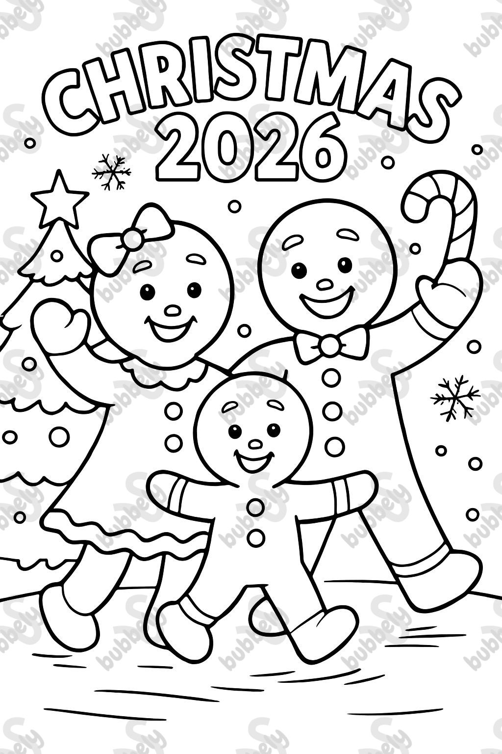Una familia de jengibre con mamá, papá y un pequeño niño con "Navidad 2026".