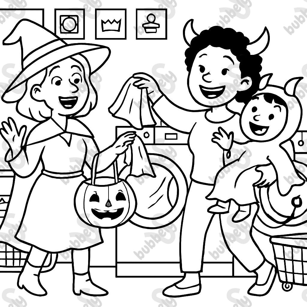 a laundromat with 2 moms on Halloween.