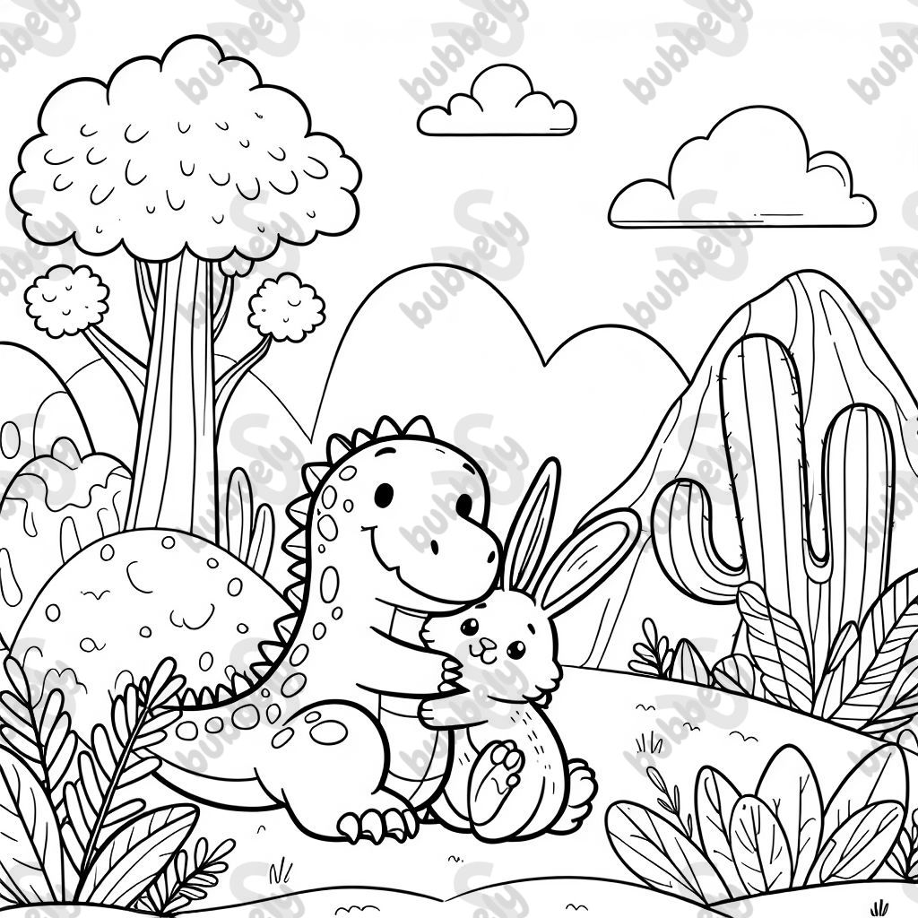 einen dinosaurier der mit einem kaninchen kiuschelt