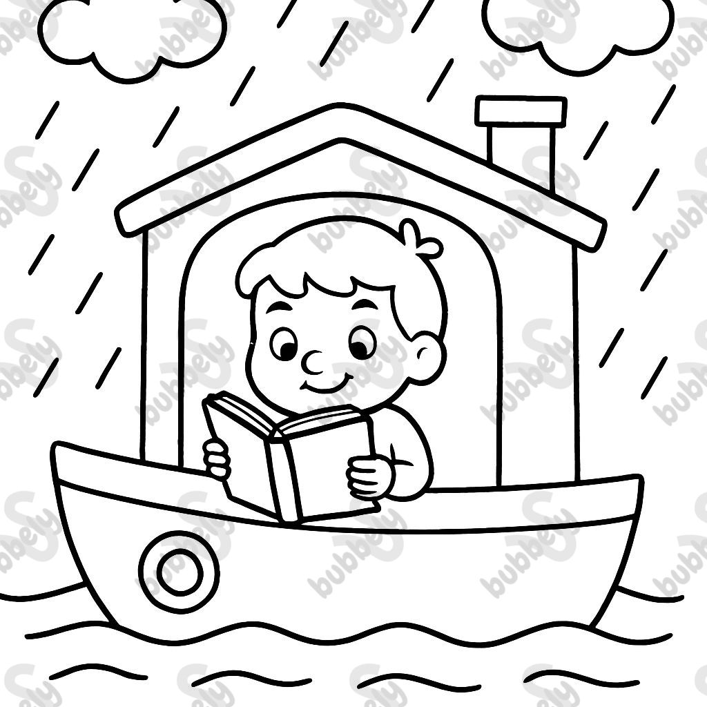 A person reading in a houseboat on a rainy day