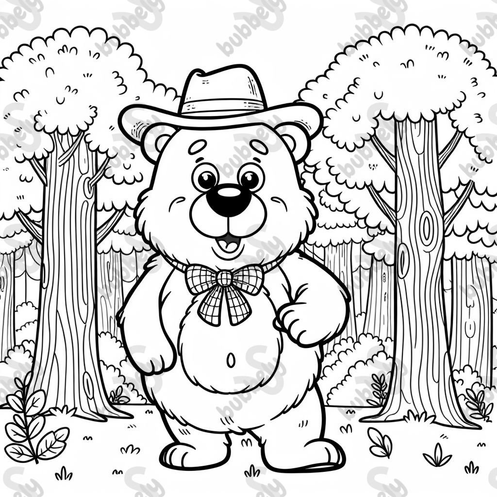 grizzly bear with a hat in a forest