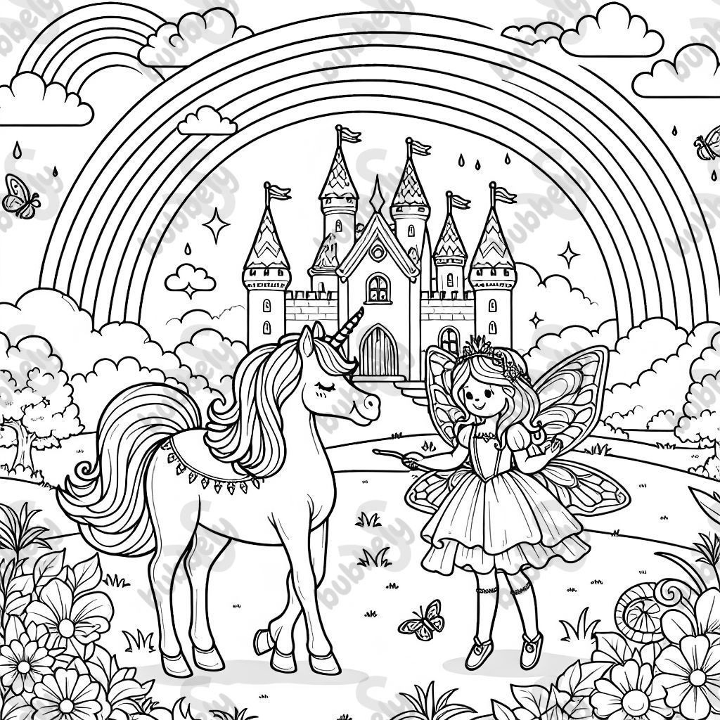 ein Einhorn und eine Fee, die vor einem Schloss stehen. Am Himmer ist ein Regenbogen zu sehen.
