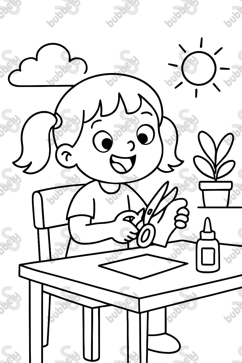 Girl using scissors sitting on a chair, at a table.