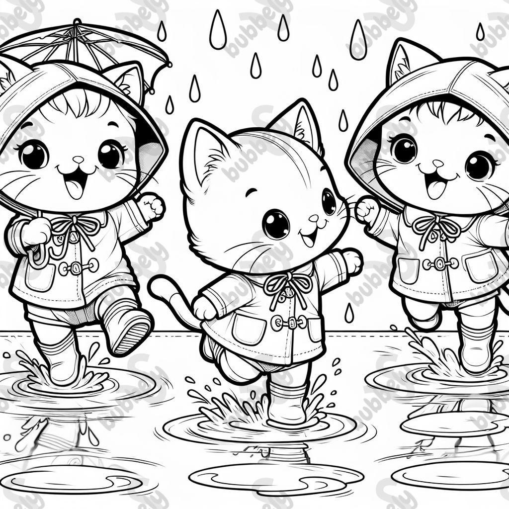 kittens wearing raincoats splashing in the puddles