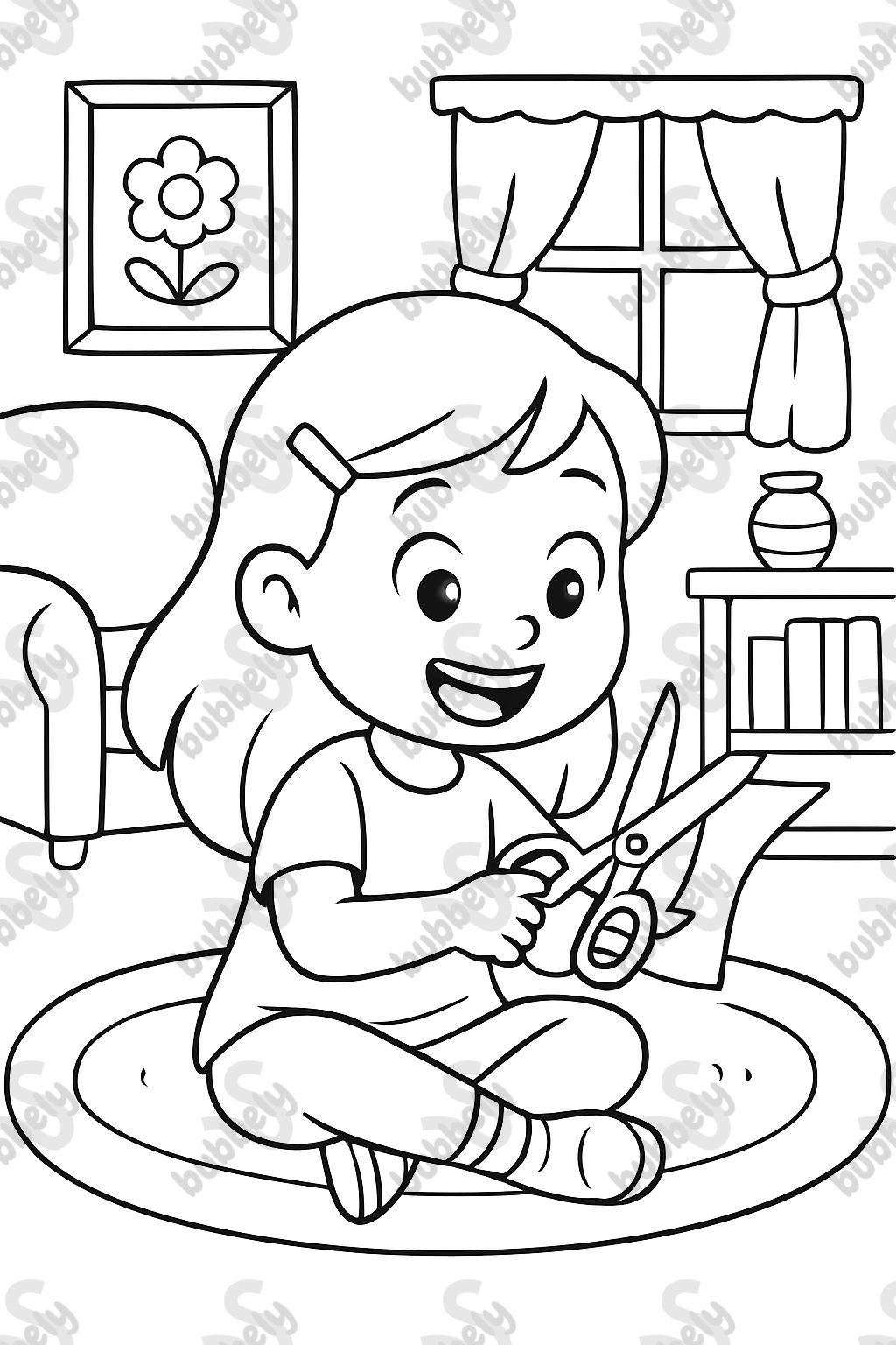 Girl sitting in the classroom using scissors.