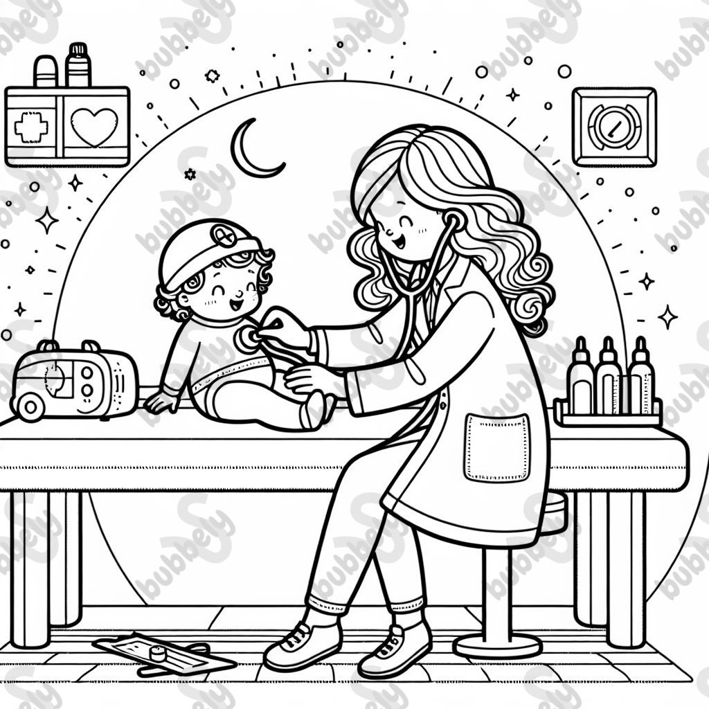 Eine Ärztin mit langen Haaren mit einem Baby