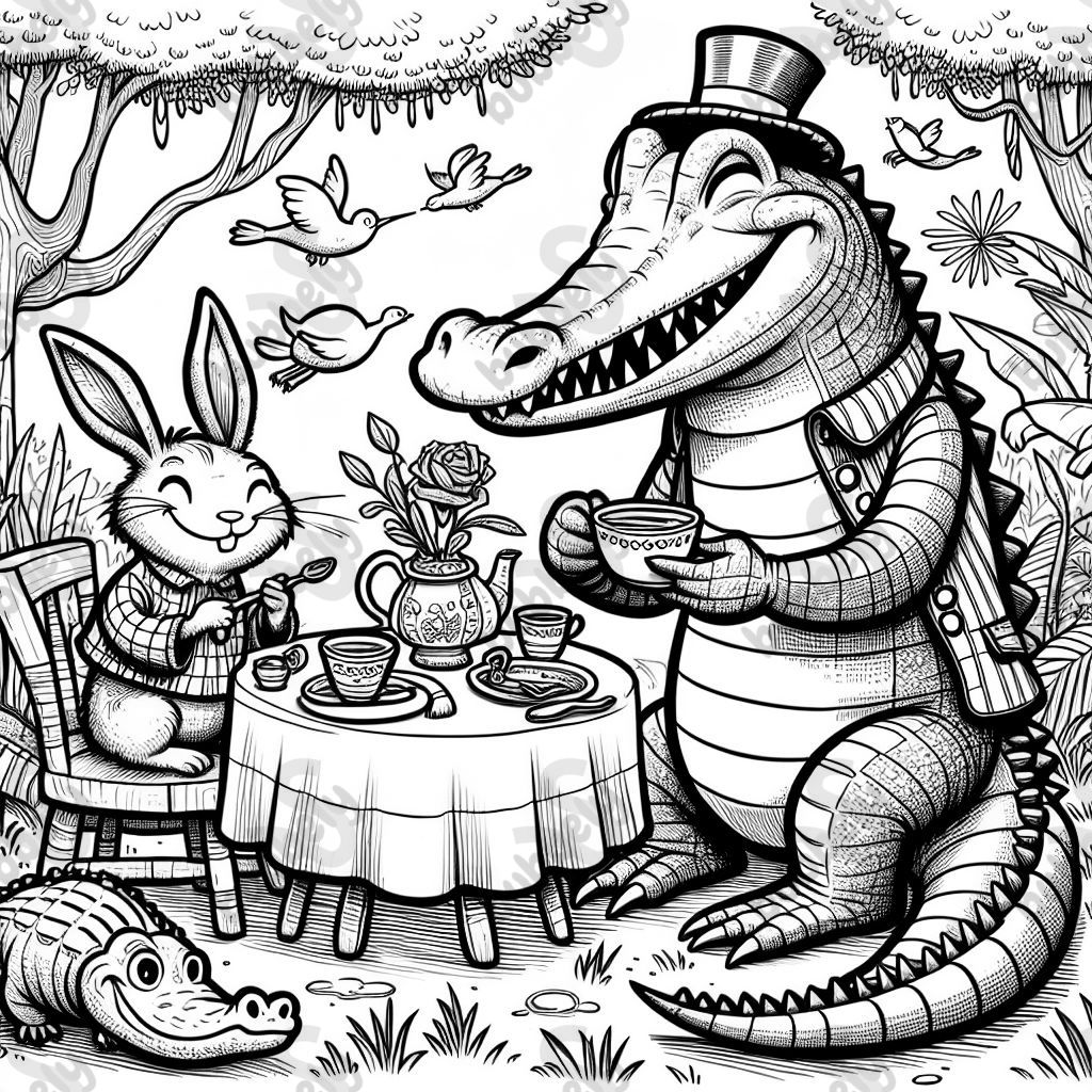 a rabbit and an alligator having a tea party