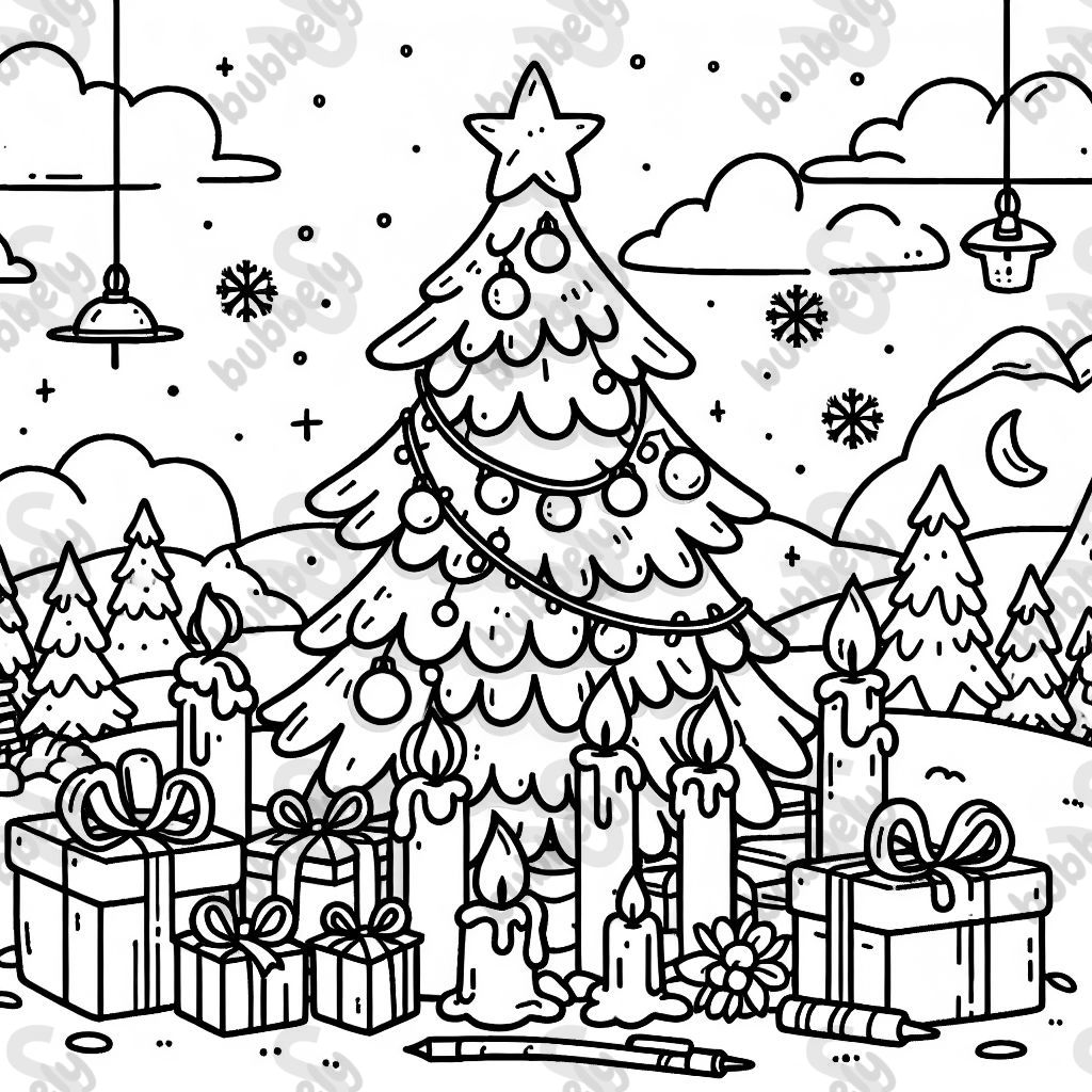 Einen Tannenbaum mit Kerzen und Geschenken und einem Stern obendrauf 