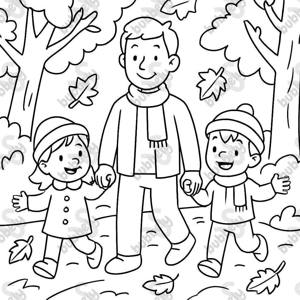 A dad, a girl, and a boy walking in an autumn forest
