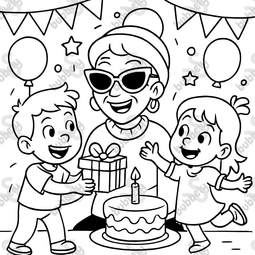 a 6 year old boy and a 4 year old girl with a cool grandma on her birthday