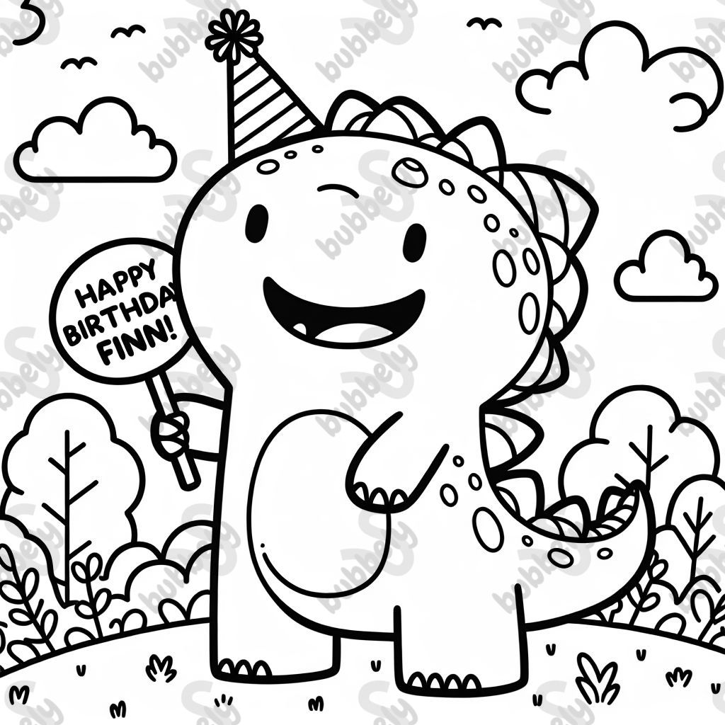 A dinosaur holding a sign that says “happy birthday finn”