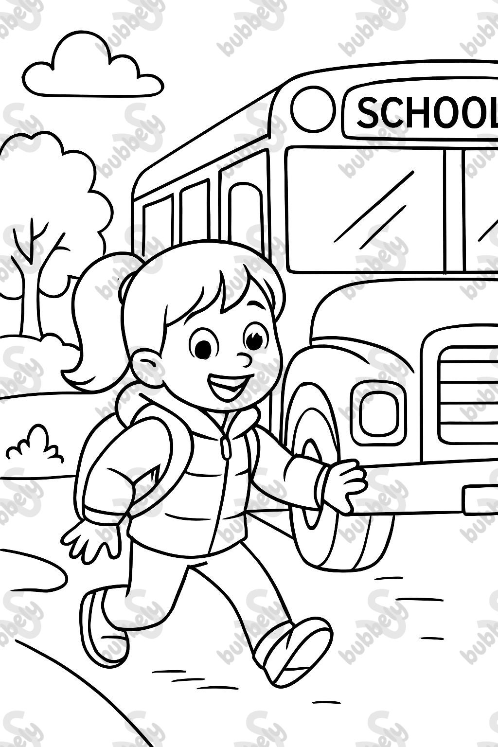6 year old girl with a ponytail, winter jacket, and backpack, getting off of the school bus to go home. 6 year old girl with a ponytail, winter jacket, and backpack, getting off of the school bus to go home.