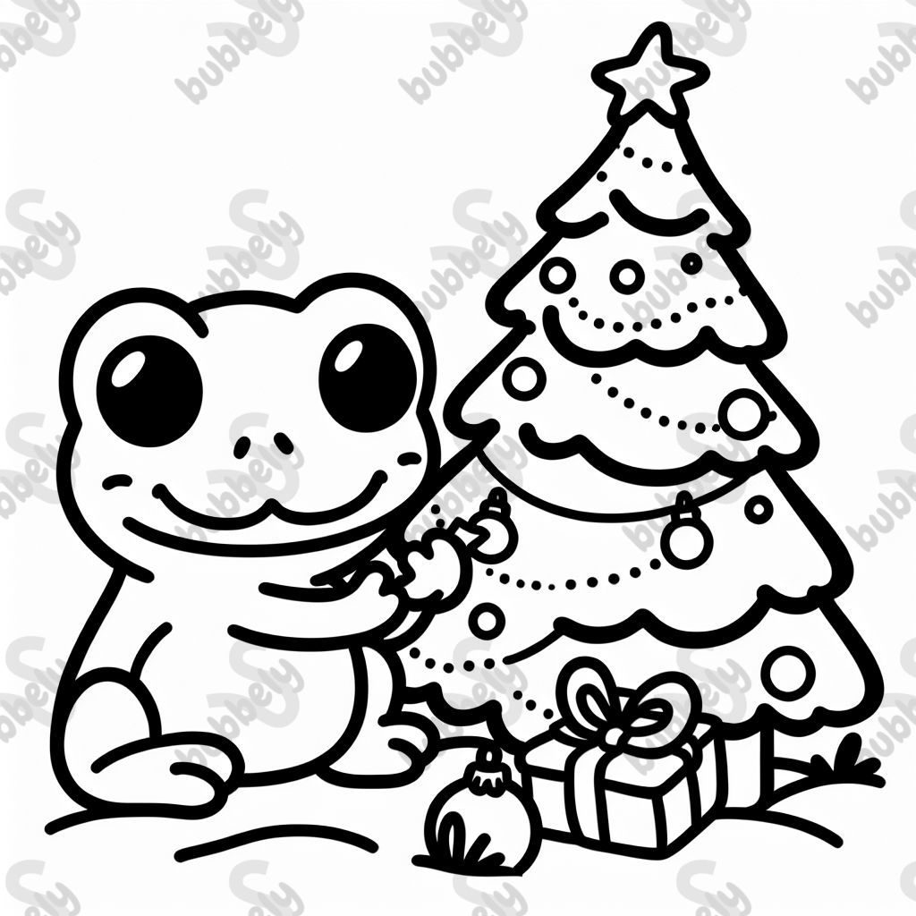 simple frog decorating a christmas tree