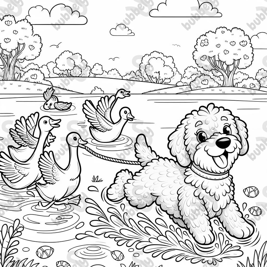 a golden doodle chasing geese in a lake