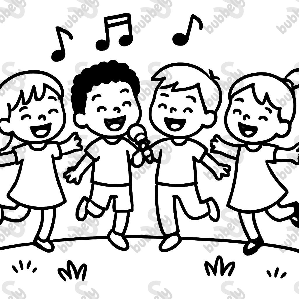 Four kids dancing and singing together. Two girls and two boys. One boy is black.