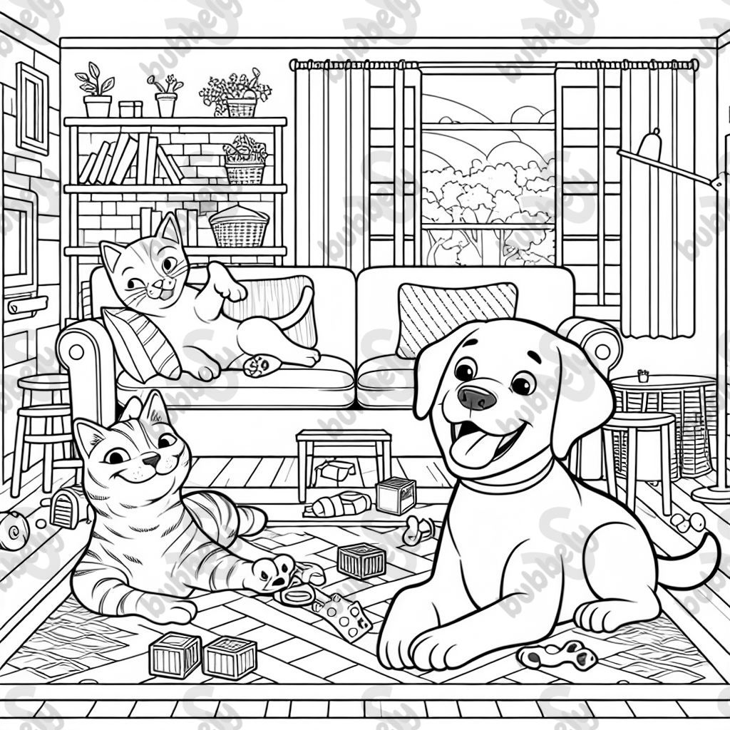 A tabby cat and a labrador retriever are seen together inside. A cute picture for kids to color.