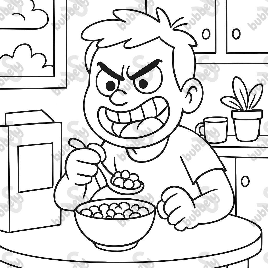 Angry man eating cereal with a smile