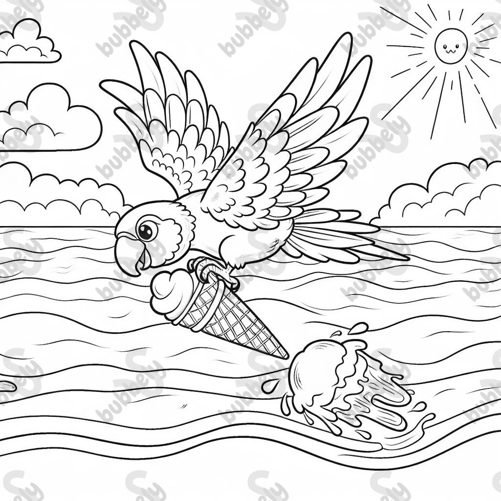 a parrot flying over the sea and dropping a scoop of ice cream a parrot flying over the sea and dropping a scoop of ice cream