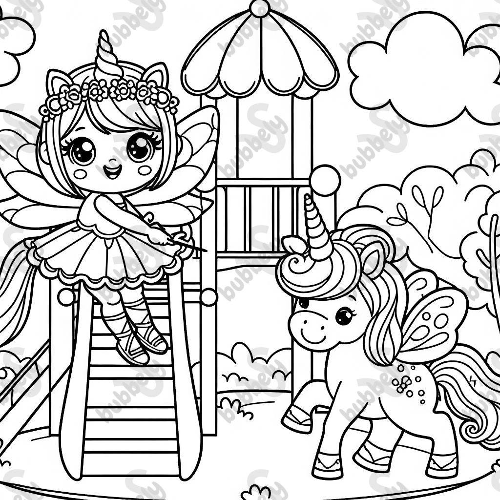 a unicorn which is with a fairy in a playground