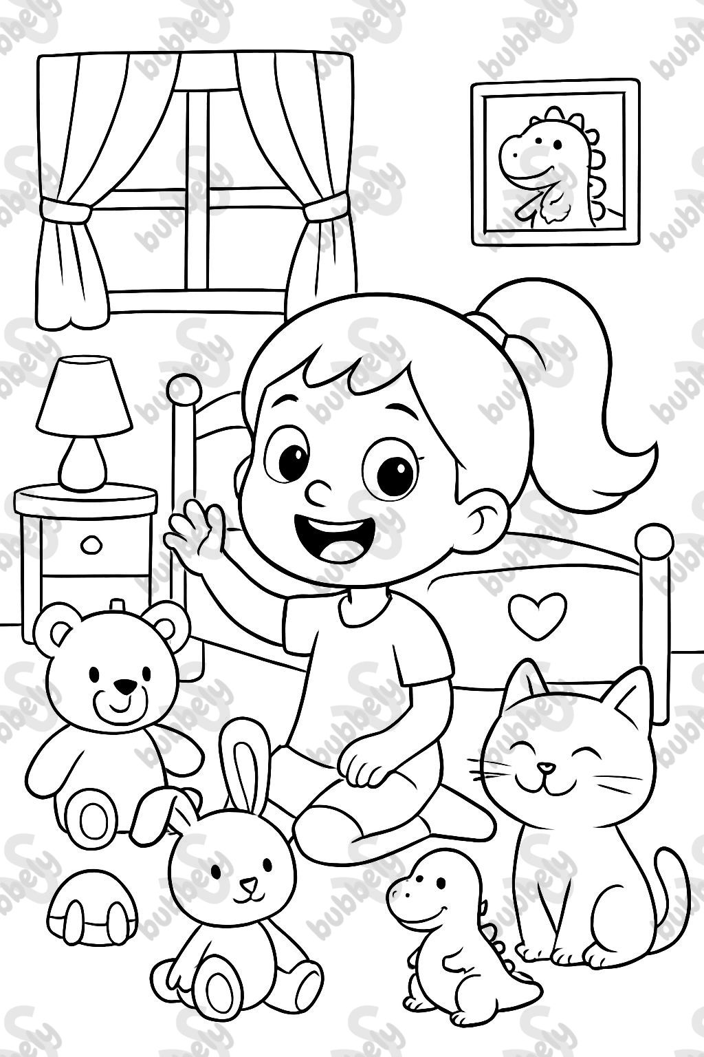 6 year old girl with a ponytail in her room full of stuffed animals 6 year old girl with a ponytail in her room full of stuffed animals