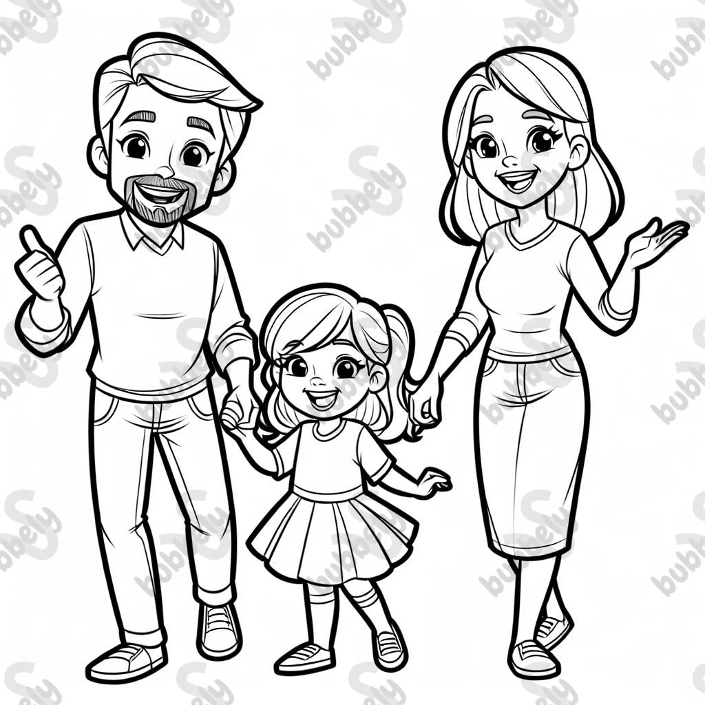 Vater mit Ziegenbart, Mutter und 2 Töchter (eine Tochter mit kurzen Haaren. Die zweite größere Tochter mit Haaren bis zum hintern)