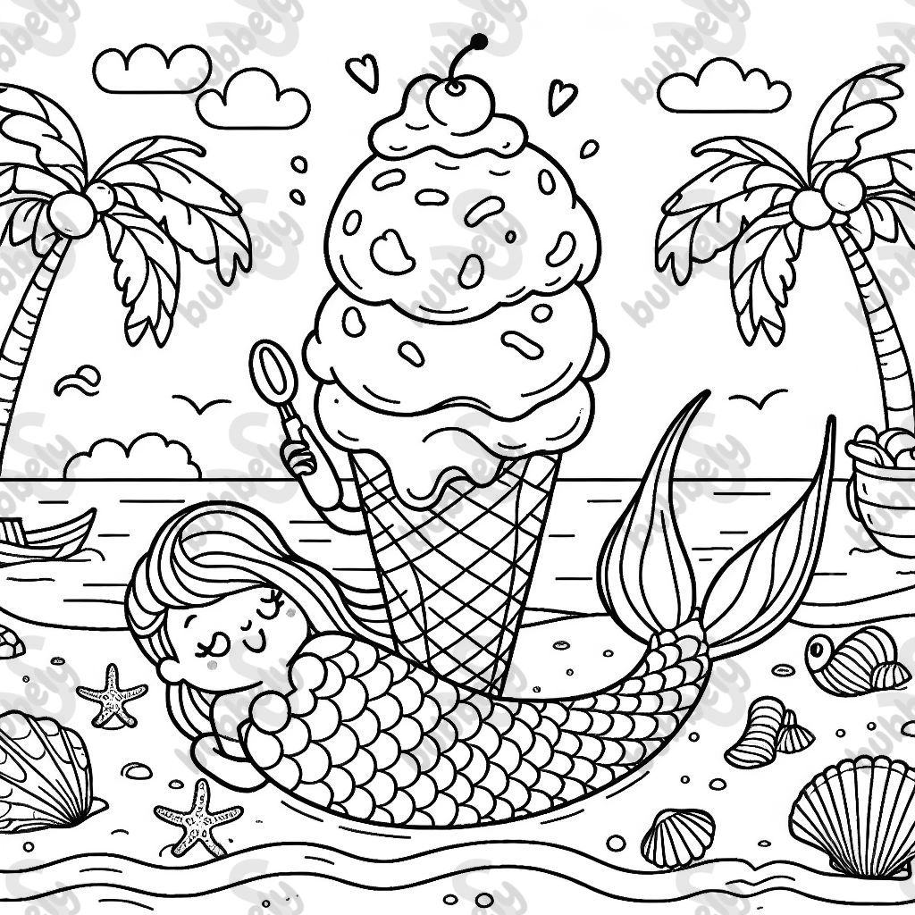 A mermaid enjoying ice cream on the beach.