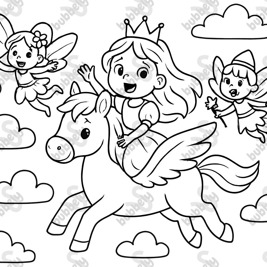 Two fairies, a princess, and a pegasus flying through the sky