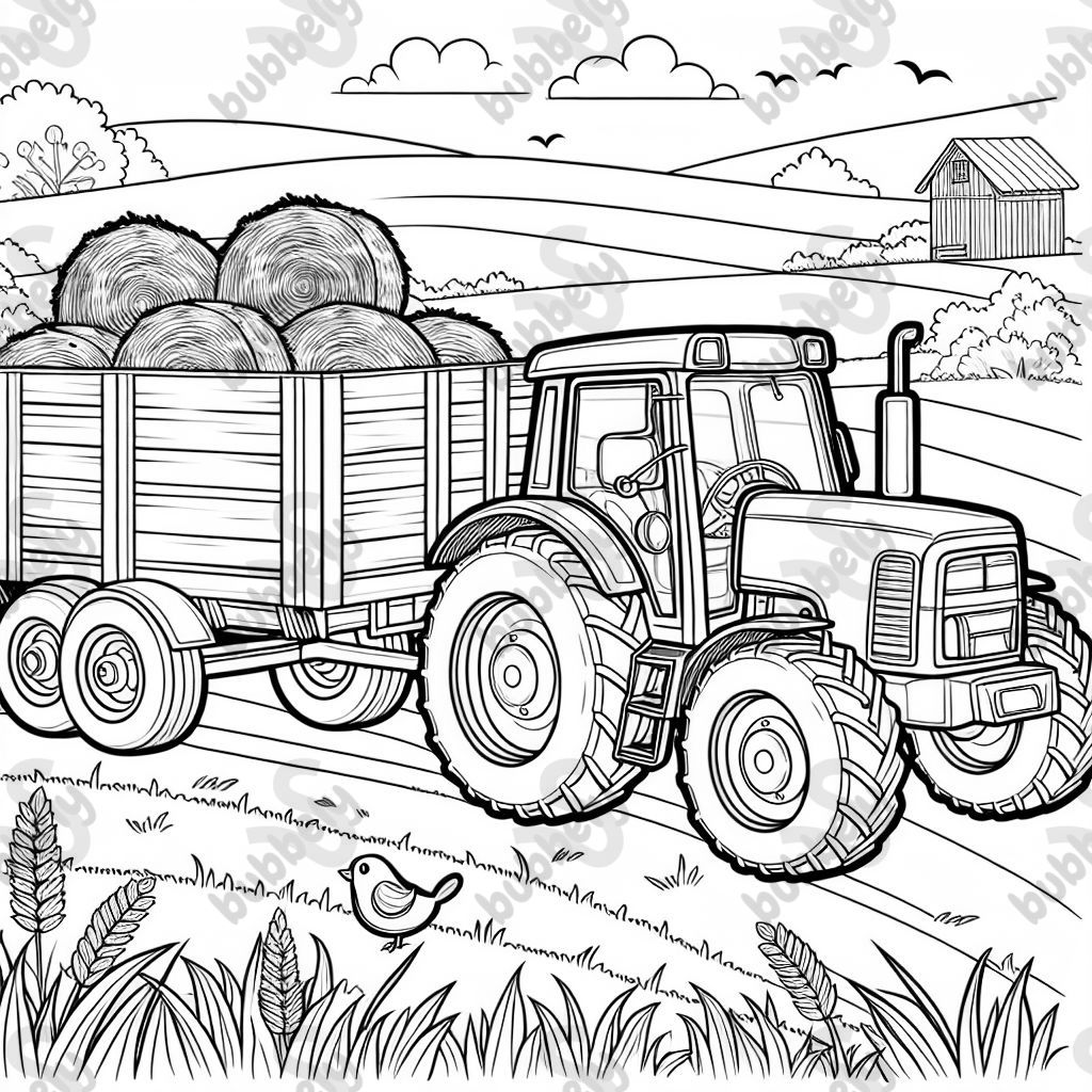 Einen traktor mit einem anhänger, der strohballen aufgeladen hat