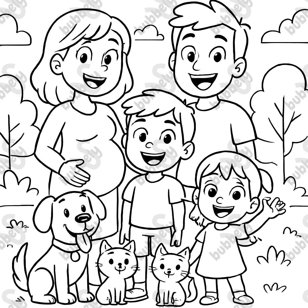 A family standing with a pregnant mom, a dad, a big boy, a little girl, a dog, and two cats. A family standing with a pregnant mom, a dad, a big boy, a little girl, a dog, and two cats.