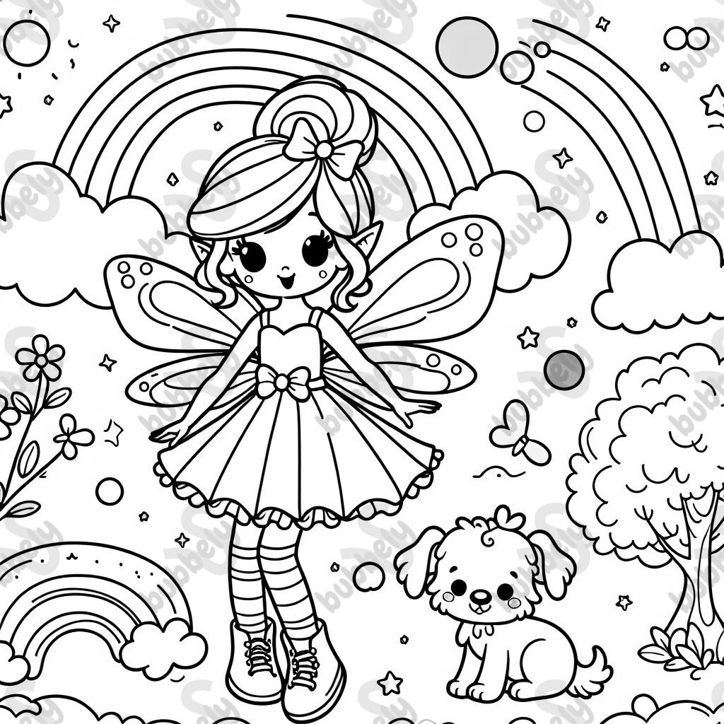 eine Fee mit einem Regenbogen und einem kleinen Hund