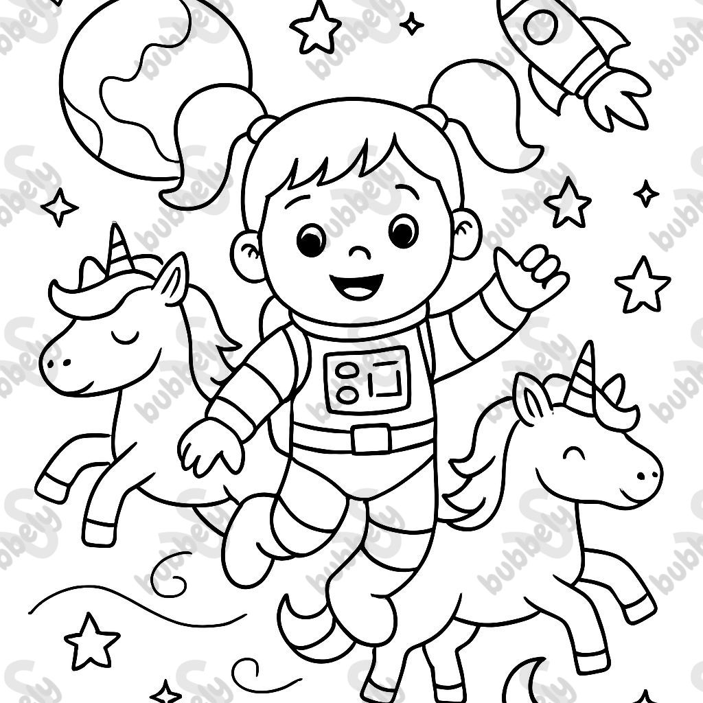 fille avec des couettes dans l'espace en tant qu'astronaute avec des licornes fille avec des couettes dans l'espace en tant qu'astronaute avec des licornes