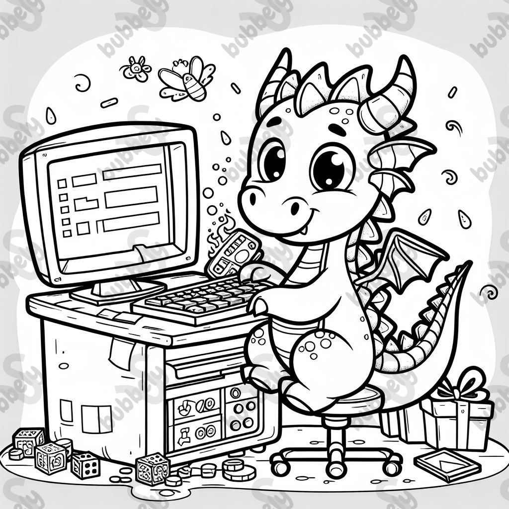Drachen, der am computer arbeitet