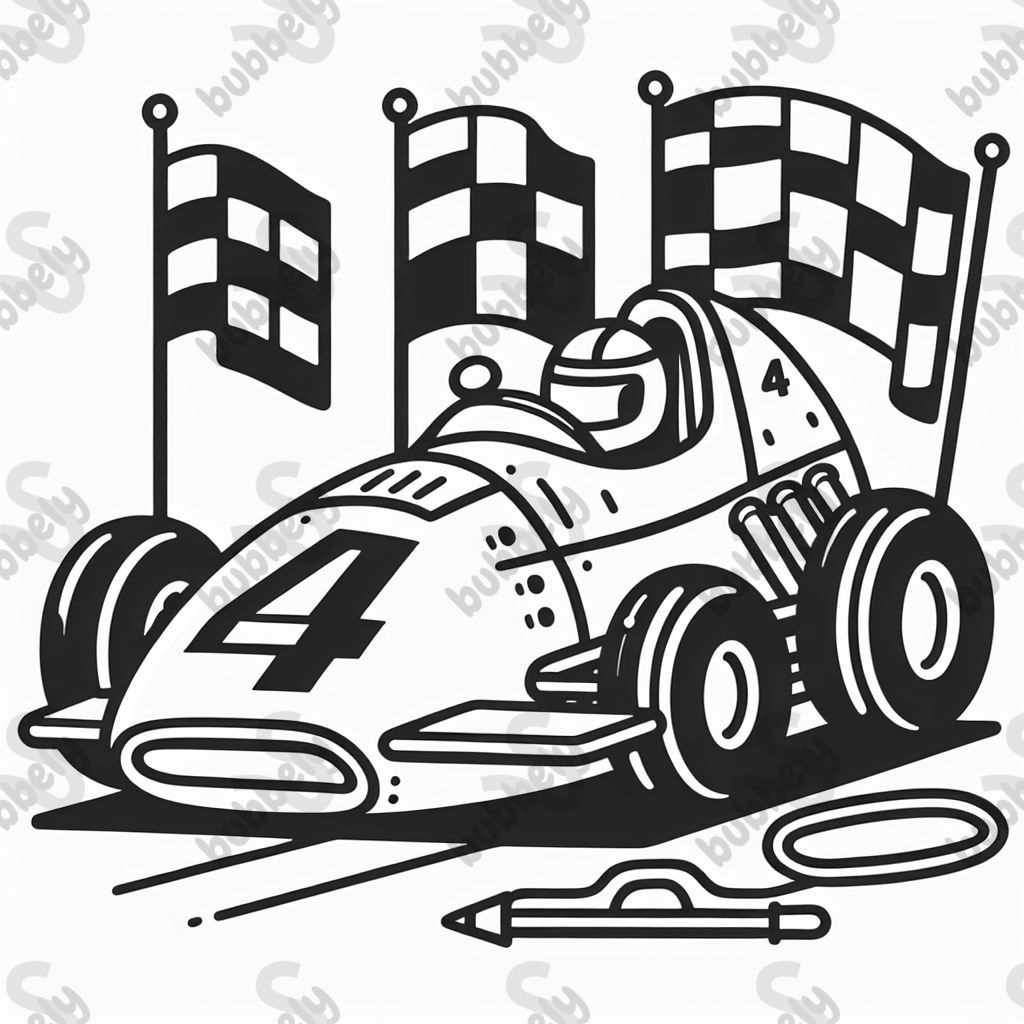 Race car with number 4 and flags