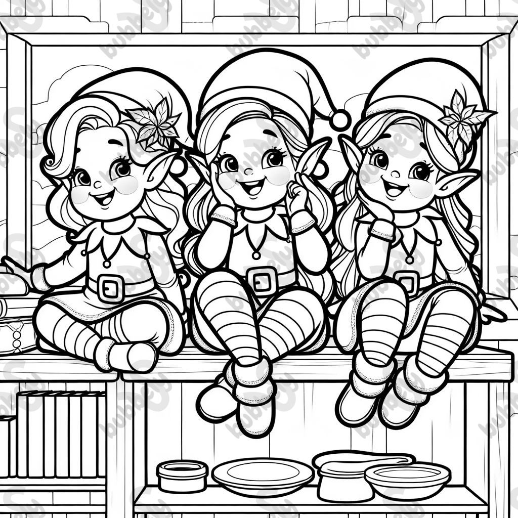 3 girl elfs on a shelf being happy