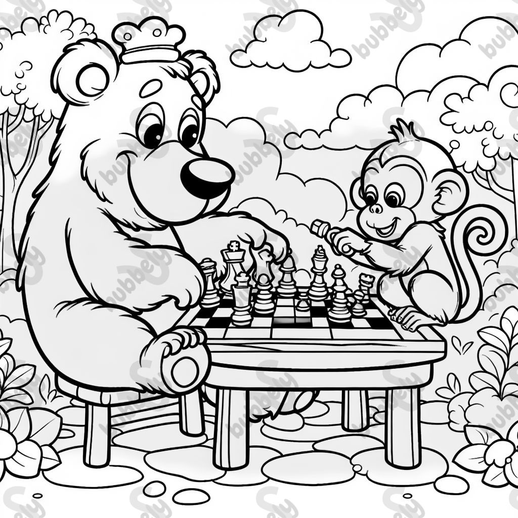 a bear playing chess with a monkey