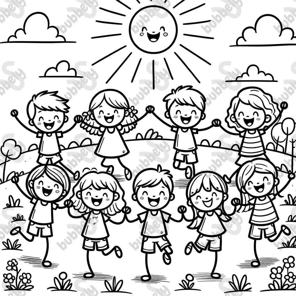 Stick people children holding hands and playing outside under the sun