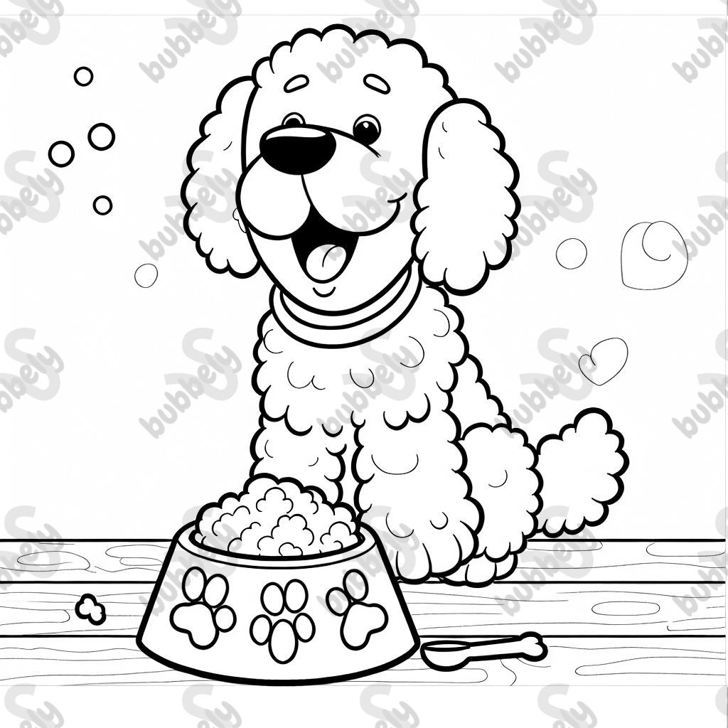 A labradoodle happy to have a big bowl of food