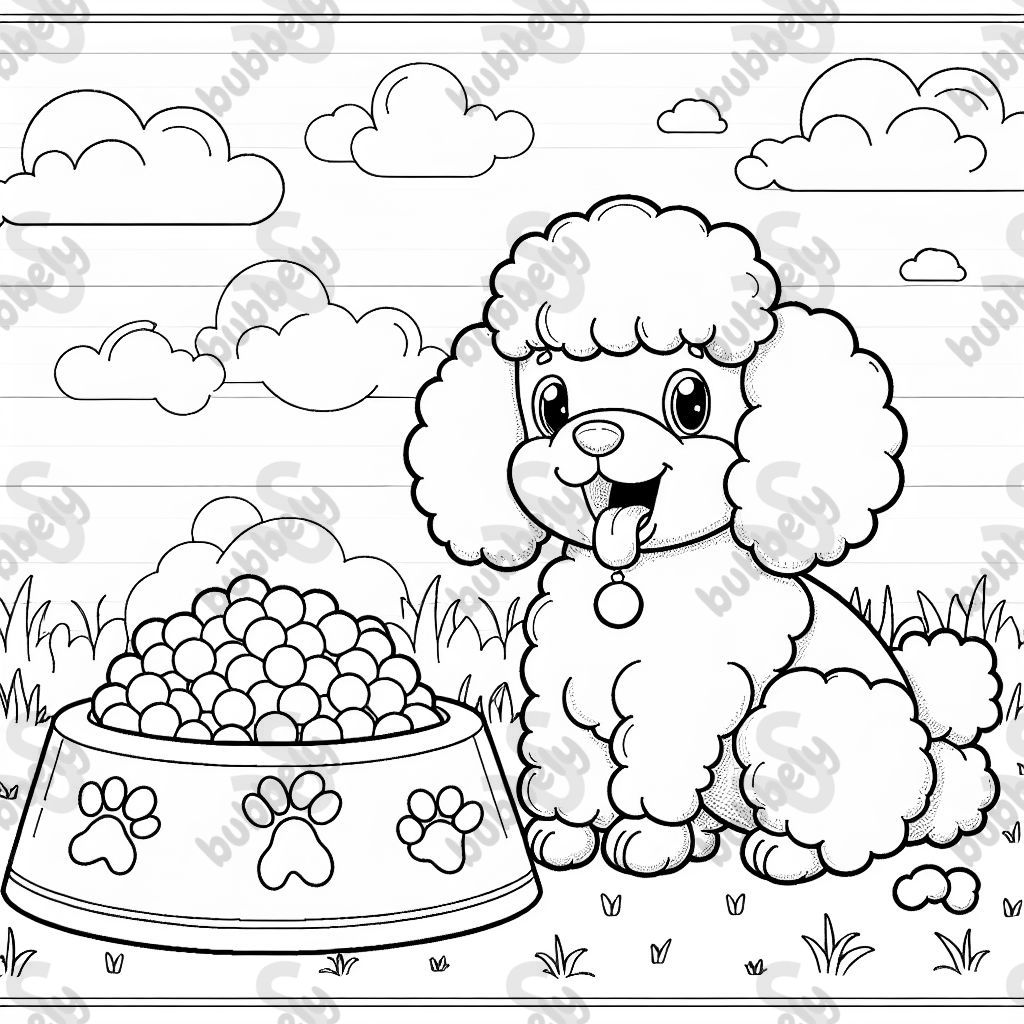 A happy poodle with a big bowl of food.