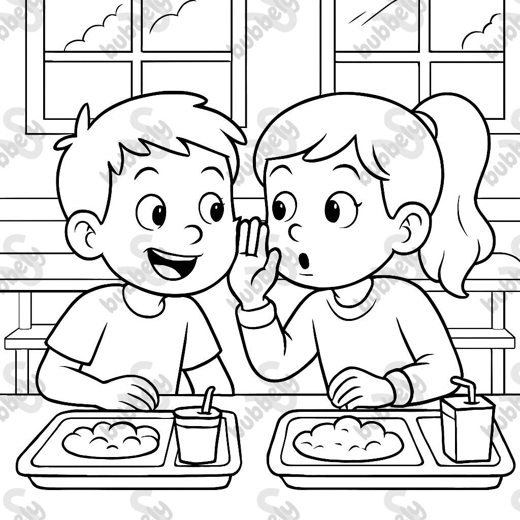 Children sitting in the school cafeteria talking quietly. Children sitting in the school cafeteria talking quietly.