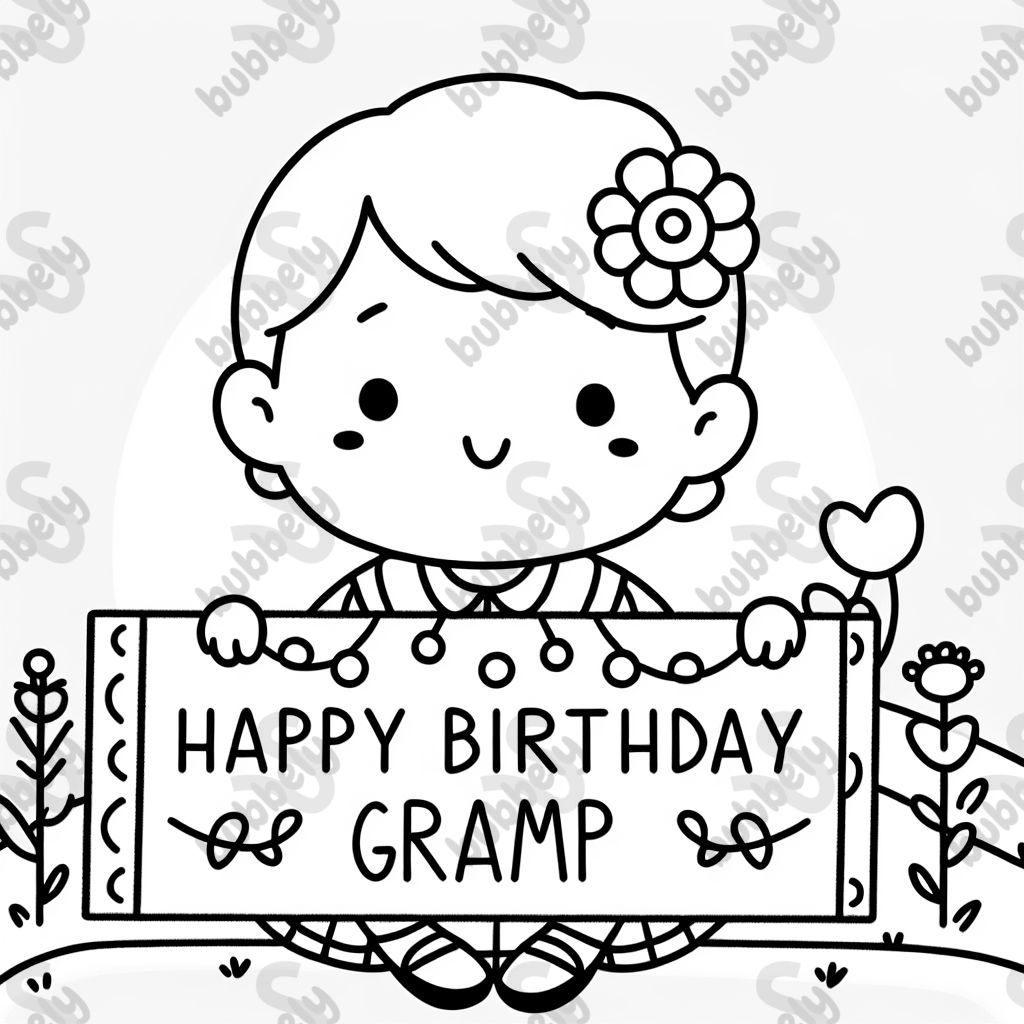 Une petite fille tenant une pancarte sur laquelle est écrit 'joyeux anniversaire Papi'.