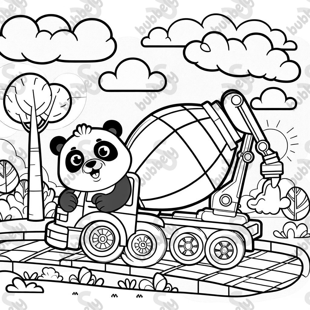 Ein Pandabär der einen Betonmischer fährt